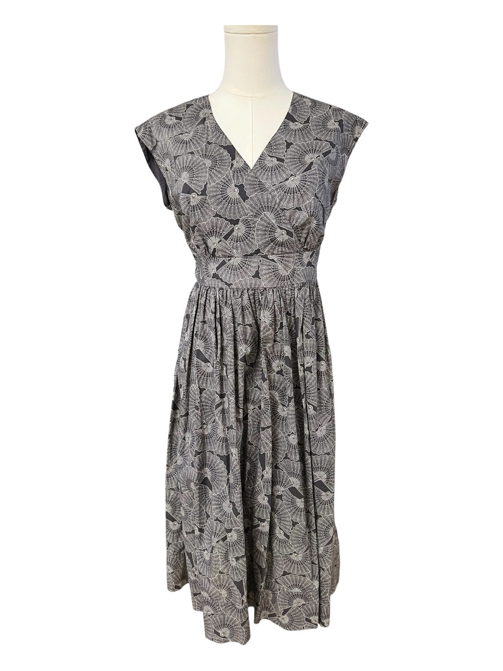 EUC Garnet Hill Cotton Voile Fan Print Faux Wrap Midi Dress | Size 4